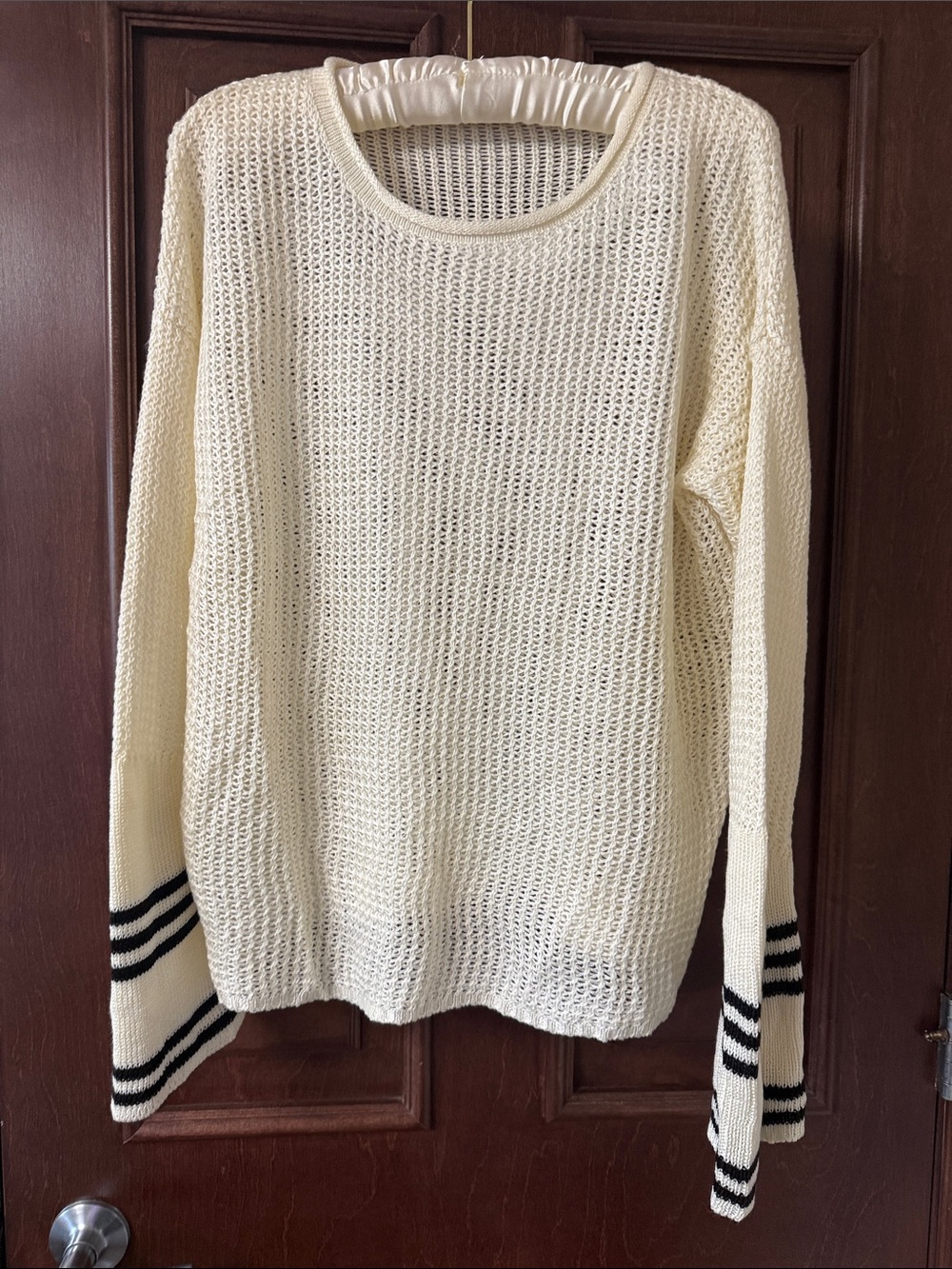 Cream Open-Knit Crewneck Sweater with Black Stripe Cuff Detail